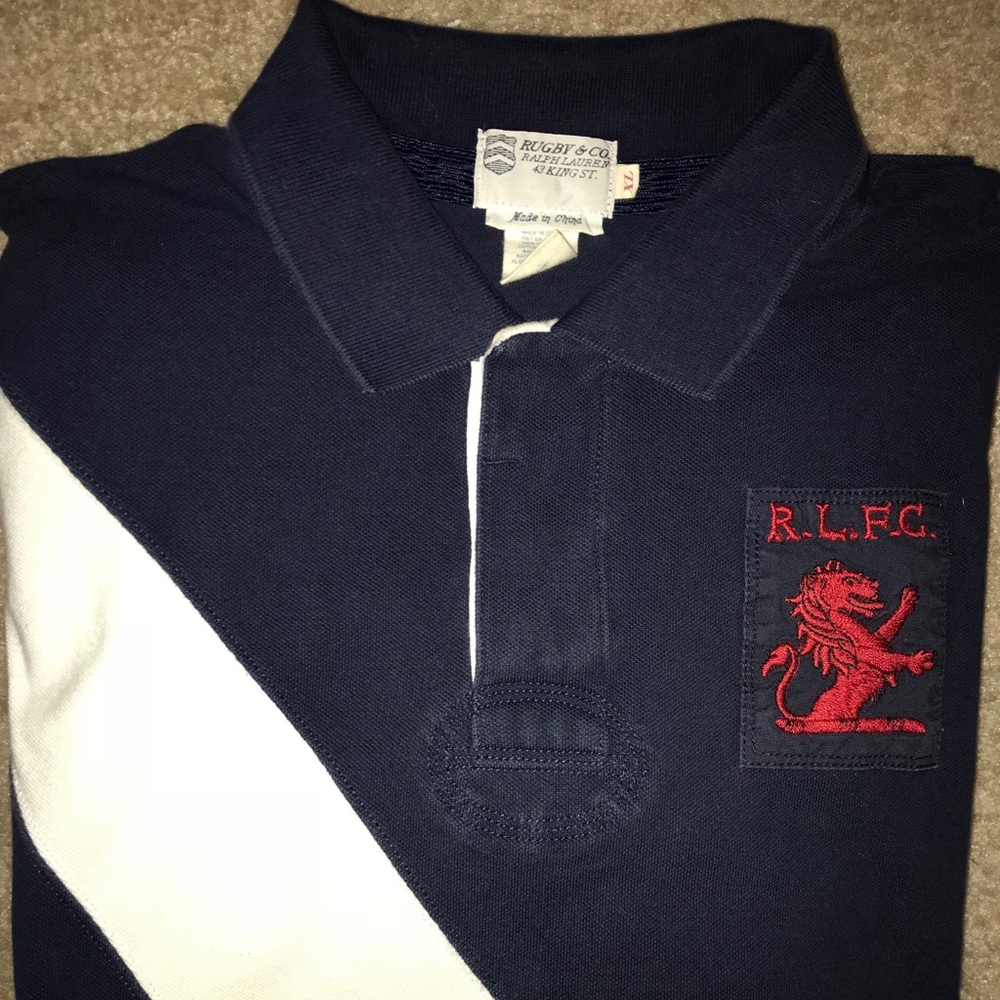 NAVY BLUE AND WHITE STRIPE RUGBY BY RALPH LAUREN